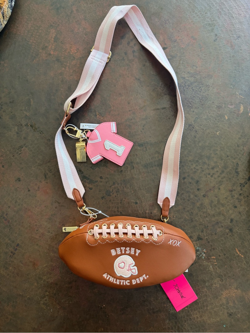 Betsey Johnson Brown Football Crossbody with Pink Strap